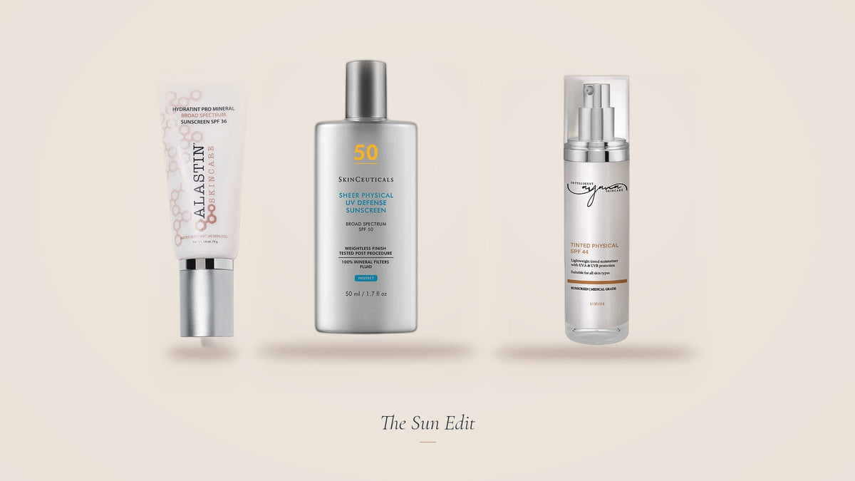 The Sun Edit: Alastin HydraTint, SkinCeuticals Sheer Physical and Ayana Tinted Physical mineral sunscreens on a soft sand background